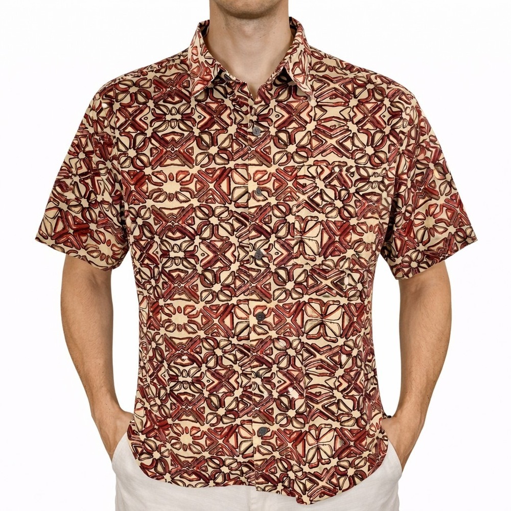 Columbia Hawaiian Aloha Shirt Medium Tribal Symbols Floral Abstract Brown